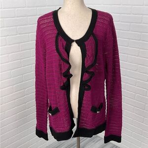 Roz Ali Cardigan Women XL Fuschia Black Shimmer Knit Ruffle Sheer Sweater‎